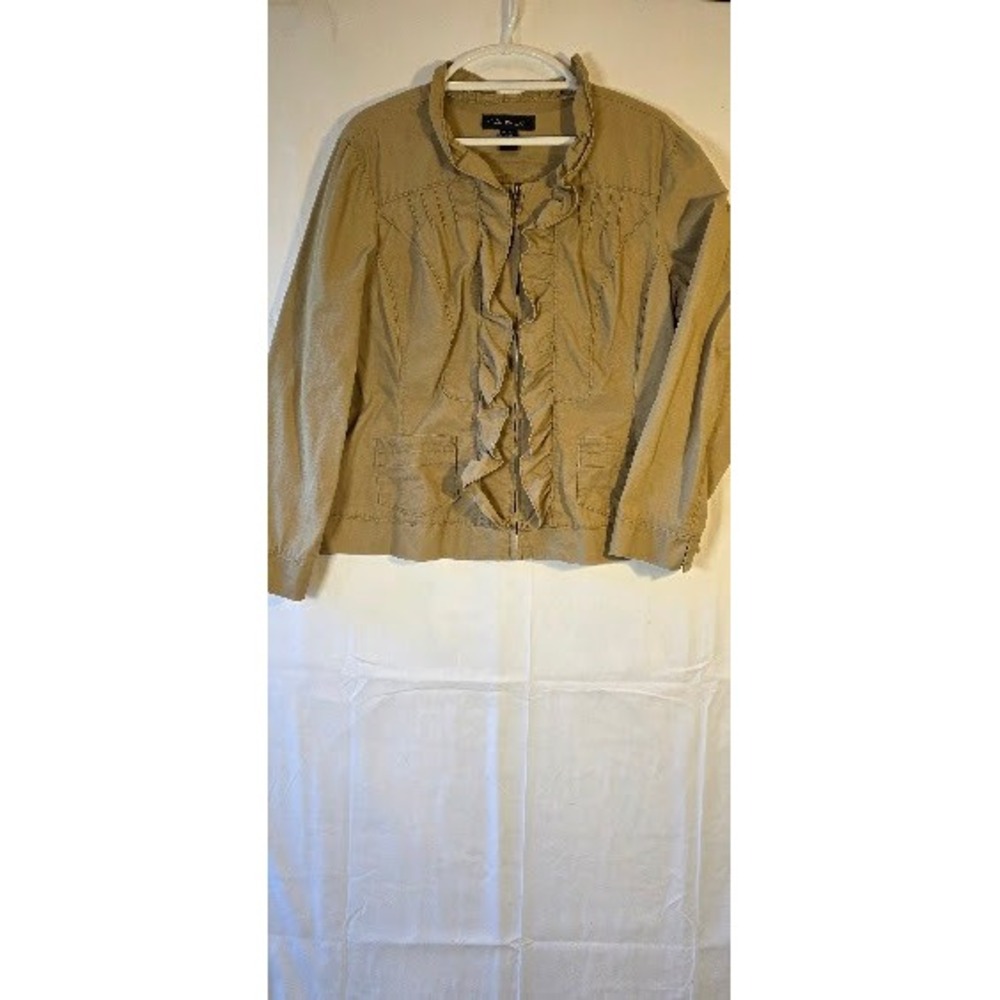 Christiana Zinn Womens 1X Khaki Tan Ruffle Zip Front Cotton Blend Jacket Coat